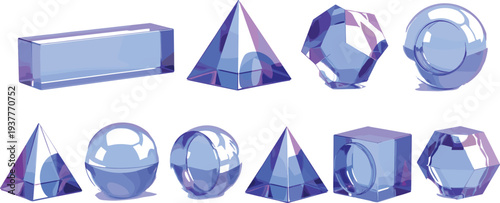 Blue Crystal Gemstone Vector Set Featuring Pyramid, Cube, Sphere, Prism, and Faceted Glass Shapes for Game Assets and UI Design