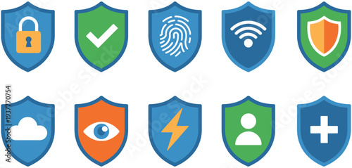 Cyber Security Shield Icons Set Illustration Featuring Data Protection Privacy Safety Network Security Digital Protection Badges Flat Vector Collection for Technology Interface Design Systems