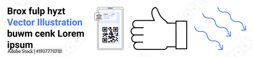 Digital authentication, verification, approval, security, validation, brand identity. ID badge with QR code, thumbs-up hand and airflow lines. Digital authentication and approval concepts