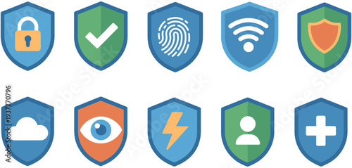 Cyber Security Shield Icons Set Illustration Featuring Data Protection Privacy Safety Network Security Digital Protection Badges Flat Vector Collection for Technology Interface Design Systems