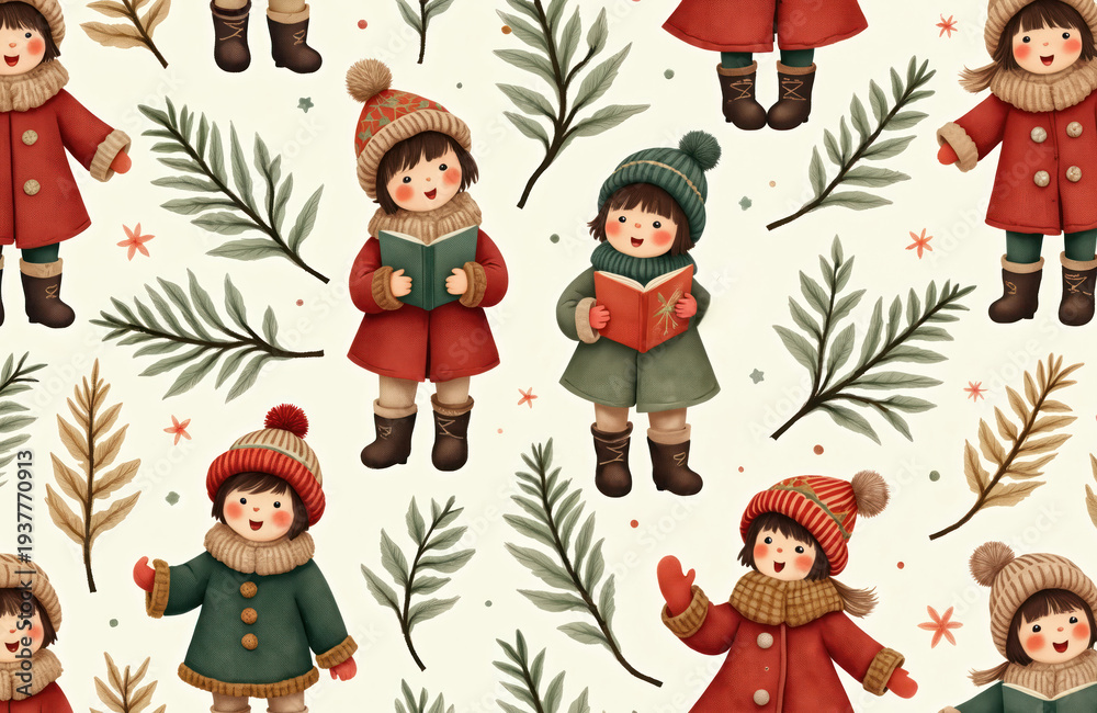 Naklejka premium Cute children in winter clothes sing carols from books near evergreen branches. Festive pattern for holiday designs and decorations. Joyful winter activity.