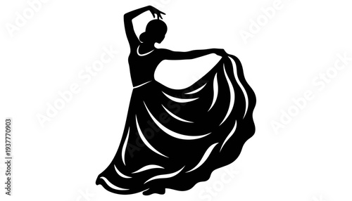 A beautiful dancer silhouette illustration in a flowing evening dress