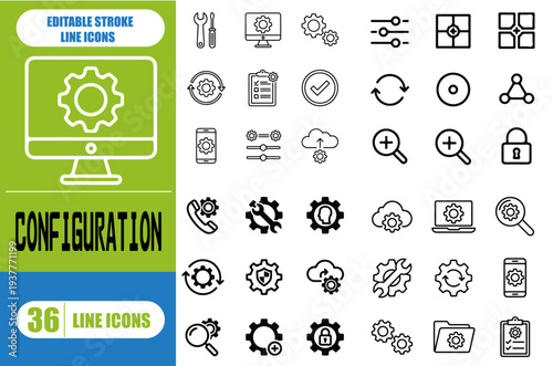 Settings, icon set. Containing options, configuration, preferences, adjustments, operation, gear, control panel, equalizer, management, optimization and productivity icons. Solid icon collection.