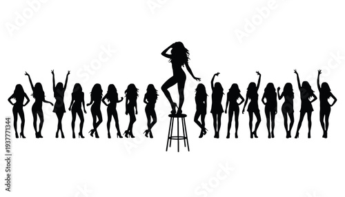 A woman silhouette standing on a stool surrounded by other female silhouettes