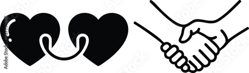 Human Connection Silhouette Set: Linked Hearts and Supportive Handshake Icons