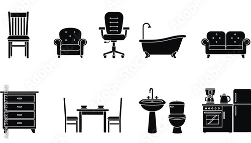 Furniture icon set including chair, sofa, bathtub, and kitchen appliances