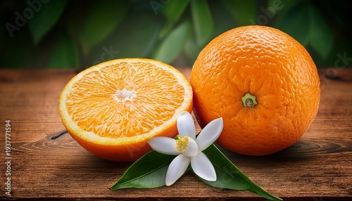 juicy orange cut in two parts and neroli flowers of orange tree on rustic wood background the orange blossom is the fragrant flower of the citrus is used in perfume and tea aphrodisiac