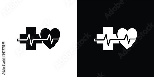 Black and white medical cross heart symbols with ecg line medical symbol cross symbol