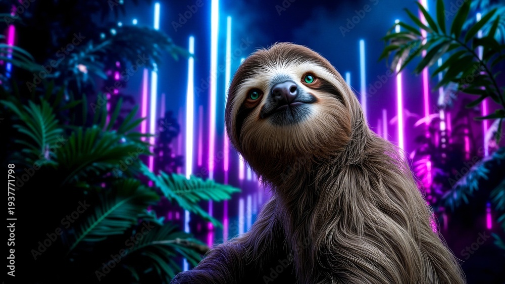 Obraz premium A sloth in the middle of a jungle with neon lights