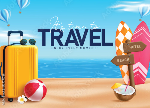 Time to Travel background clipart design. It's time to Travel text clip art in beach background with luggage bag, surfboard, signage, beach ball, coconut juice and sunglasses summer elements 