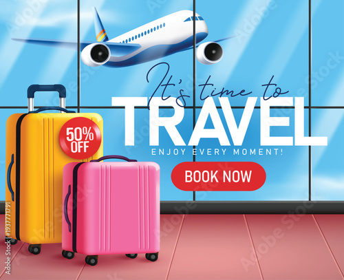 Travel promo booking clipart design. Travel Sale booking promotion clip art for international tour online application advertisement with luggage bag and airplane in airport window background vector 