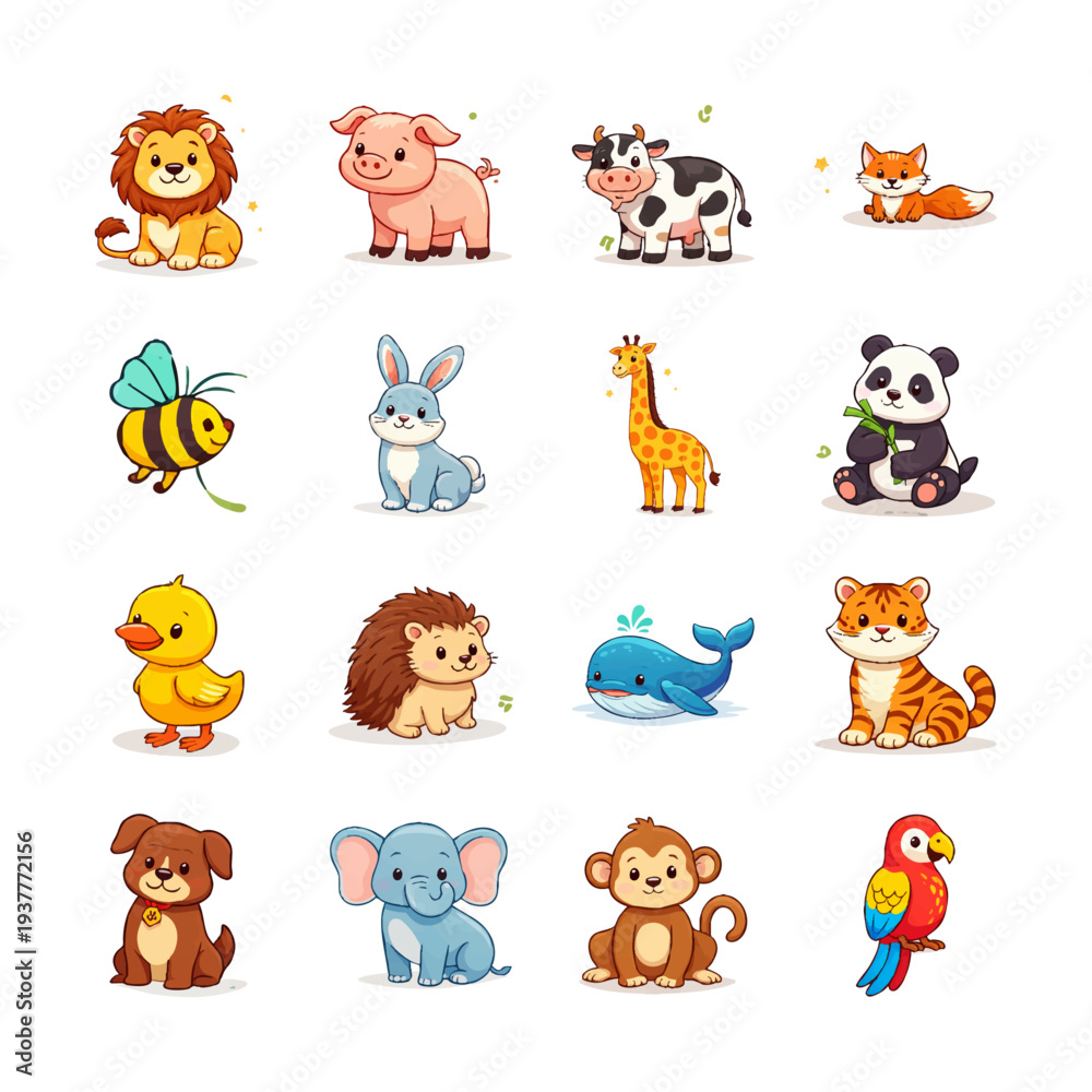 Fototapeta premium Cute cartoon animal collection set with lion, panda, rabbit, giraffe, whale, tiger, monkey and other animals isolated on gray background