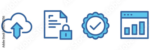 Enterprise SaaS Data Upload and Security Icons Set for Cloud Computing Services IT Infrastructure Protection Digital Storage Interface Elements Vector Illustration Collection