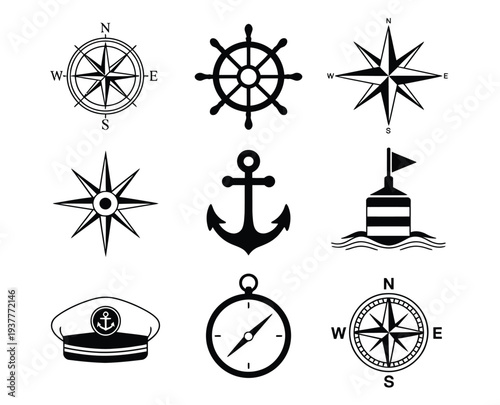 Marine symbols compass rose ship wheel anchor captain hat buoy vector