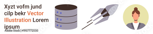 Technology innovation, data storage, space exploration, digital identity, user profiles, futuristic concepts. a database, rocket and woman icon. Technology innovation and data storage elements