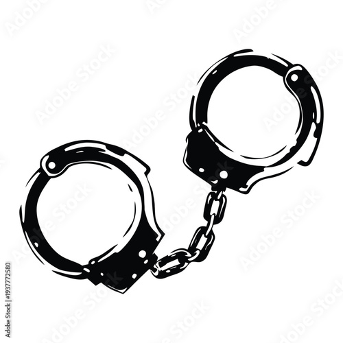 Black and white retro vintage illustration of handcuffs in hand drawn style vector art