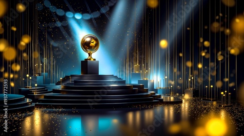 A stage set up for an award ceremony with a globe on top of it