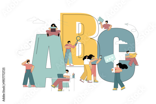 Education. Language learning. Letters A B C. Online learning. People learning languages. Vector flat illustration.eps