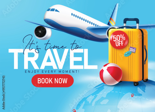 Travel promo booking clipart banner design. It's time to travel text with special offer promotion clip art for holiday international tour booking online with luggage bag, airplane and globe traveler 