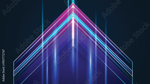 Futuristic color laser arrow shoots a gradient beam in pink, magenta, and teal, glowing with kinetic energy. 3D render illustration
