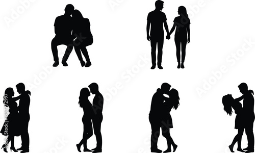 Collection of romantic couple silhouettes in various poses like kissing hugging and holding hands isolated on white for wedding love concepts