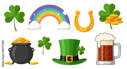 St patricks day celebration with shamrocks rainbow and leprechaun symbols