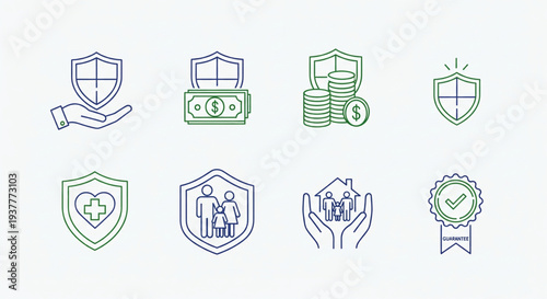 Collection of icons representing security, finance, and protection services in a simple, line art style.
