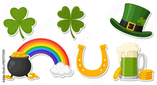 St patricks day illustrations clover rainbow pot of gold and beer