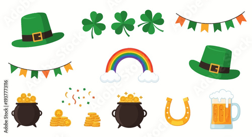 St patricks day illustrations hats clovers rainbow pots of gold and beer