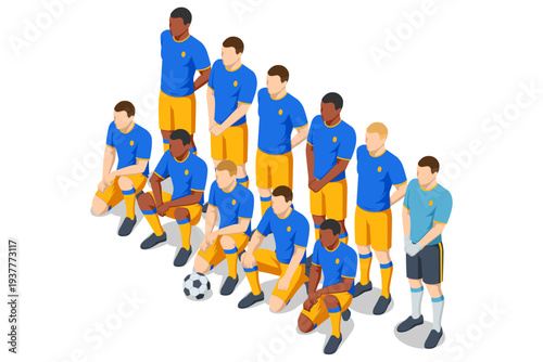 Isometric football team lineup with soccer players posing before match. Sport team formation concept. Championship competition, teamwork, training and professional stadium sport event.