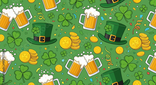 St patricks day seamless background green shamrocks beer and gold coins