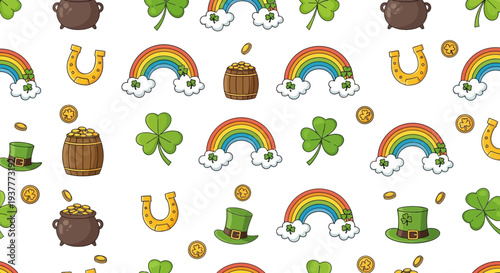 St patricks day seamless pattern rainbows shamrocks and good luck elements