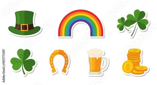 St patricks day illustrations hat rainbow clover horseshoe beer coins