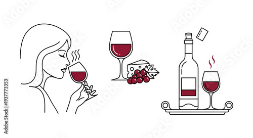 Illustration of a woman enjoying red wine with grapes and bottle on a tray