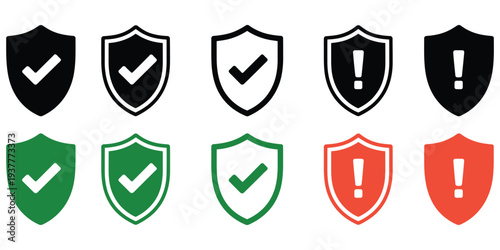 Safety Shield Symbols Illustration Featuring Check Mark and Exclamation Icons Representing Security Protection Warning and Approval Signs for Risk Control and Digital Safety Vector Design