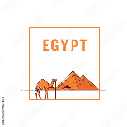 Minimal Egypt Travel Poster with Camel and Pyramids in Orange Line Art Style on White Background