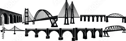 Black and white bridge silhouette vector set featuring suspension arch truss and stone viaduct engineering designs for urban infrastructure and travel