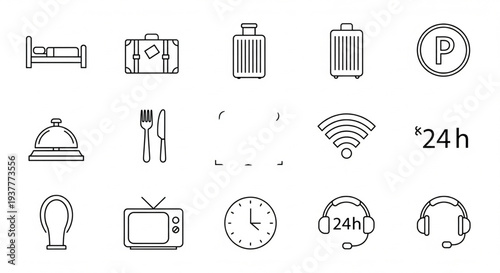 Hotel amenities and services icons set viewed from directly above in a clean environment