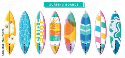Colorful Surfing Boards Collection Vector Illustration Set With Vibrant Summer Patterns And Designs