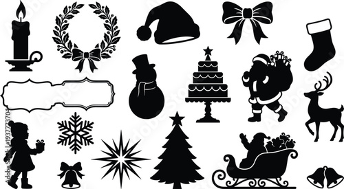Christmas silhouettes, Santa Claus, reindeer, snowman, tree, stocking, wreath, candle, bells, snowflake, festive icons, holiday celebration illustration
