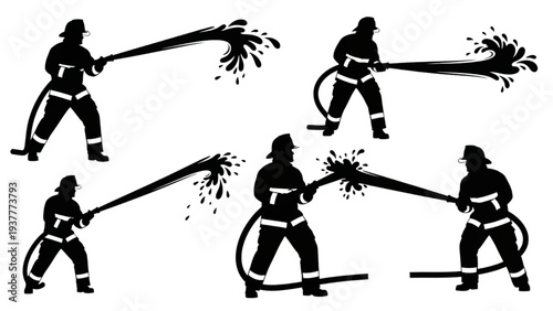 Firefighter Silhouettes Spraying Water with Hose in Action Poses