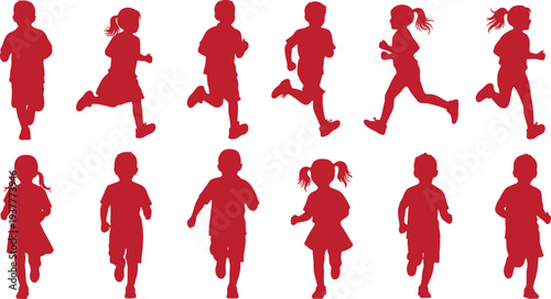 Red silhouettes of diverse people running in various poses