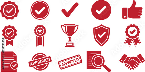 Collection of red checkmark and approval icons for quality and achievement