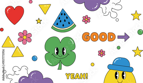 Fun and Playful Vector Sticker Set Featuring Hearts, Stars, Watermelon, Clover, and Positive MessagesFun and Playful Vector Sticker Set 
