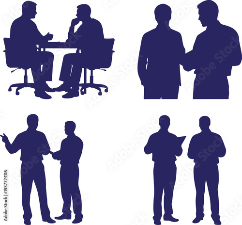 Silhouette of business professionals in various meeting and discussion settings
