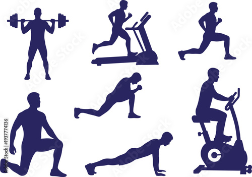 Silhouette icons of people engaging in various fitness exercises and activities
