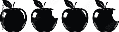 Four black apple silhouettes with leaves showing whole and bitten fruits isolated on white background for food healthy eating and nutrition design