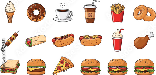 Vector Icon Set Featuring Fast Food, Snacks, Drinks, and Desserts for Restaurant, Cafe, and Takeaway DesignsVector Icon Set 