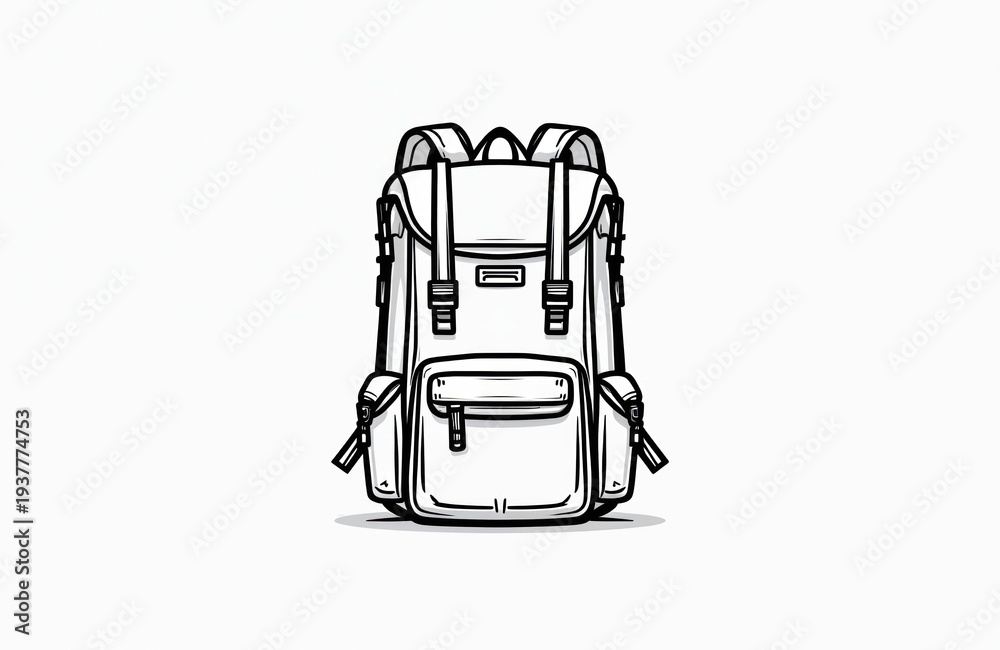 Fototapeta premium Minimalist backpack icon outline for travel or hiking. This graphic symbol represents adventure, journey, and camping trips. A clean visual design for modern branding and gear illustration.