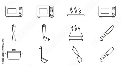 Kitchen utensils and appliances illustration showcasing various cooking tools and devices for food preparation and cooking processes in a clean and minimalist style
